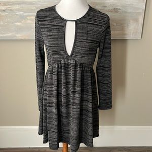 Lush gray and black ribbed knit fit dress with keyhole neckline